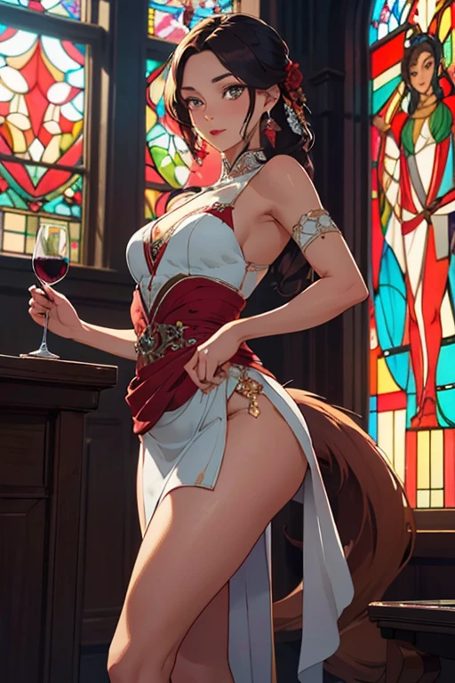 (best quality,4k,highres,masterpiece:1.2),ultra-detailed,(realistic,photorealistic:1.37), A girl with nine long, flowing tails reminiscent of a fox stands in the center of an opulently embellished room. Her tawny fur glistens under the sunlight that filters through the stained glass windows, casting a warm glow on her flawless porcelain skin. The woman possesses an alluring aura, a seductive charm that captivates anyone who gazes upon her. Her eyes, a mesmerizing shade of amber, hold an enigmatic allure, drawing you into the depths of her mysterious soul. Her curved lashes frame her expressive gaze, fluttering ever so slightly with a hint of playfulness. As she stands there, a coy smile plays upon her ruby red lips, revealing a hint of her voracious appetite. Her slender figure is adorned with an elegant crimson wrap, cinching at her waist and cascading down to her delicate feet, exuding an air of both sensuality and sophistication. Her every movement is filled with an undeniable grace, as if she dances to a melody only she can hear. The room itself bears witness to her presence, a testament to her ability to transform any space into her own. The walls are adorned with intricate tapestries depicting mythical creatures and enchanted landscapes, vibrant colors weaving together to create a breathtaking backdrop. The scent of exotic spices permeates the air, a tantalizing invitation for indulgence. In the corner, a small table displays an array of delectable treats, each more tempting than the last. Fruits and pastries tempt with their vibrant colors and delicate flavors, enticing anyone who dares to take a bite. Crystal goblets filled with rich, velvety wine stand ready for the taking, their ethereal glow casting an enchanting light across the room. As the sun sets, casting a golden hue through the windows, the woman's tails sway gently, as if in sync with the rhythm of the fading daylight. Her eyes meet yours for a brief moment, filled with a hunger that cannot be