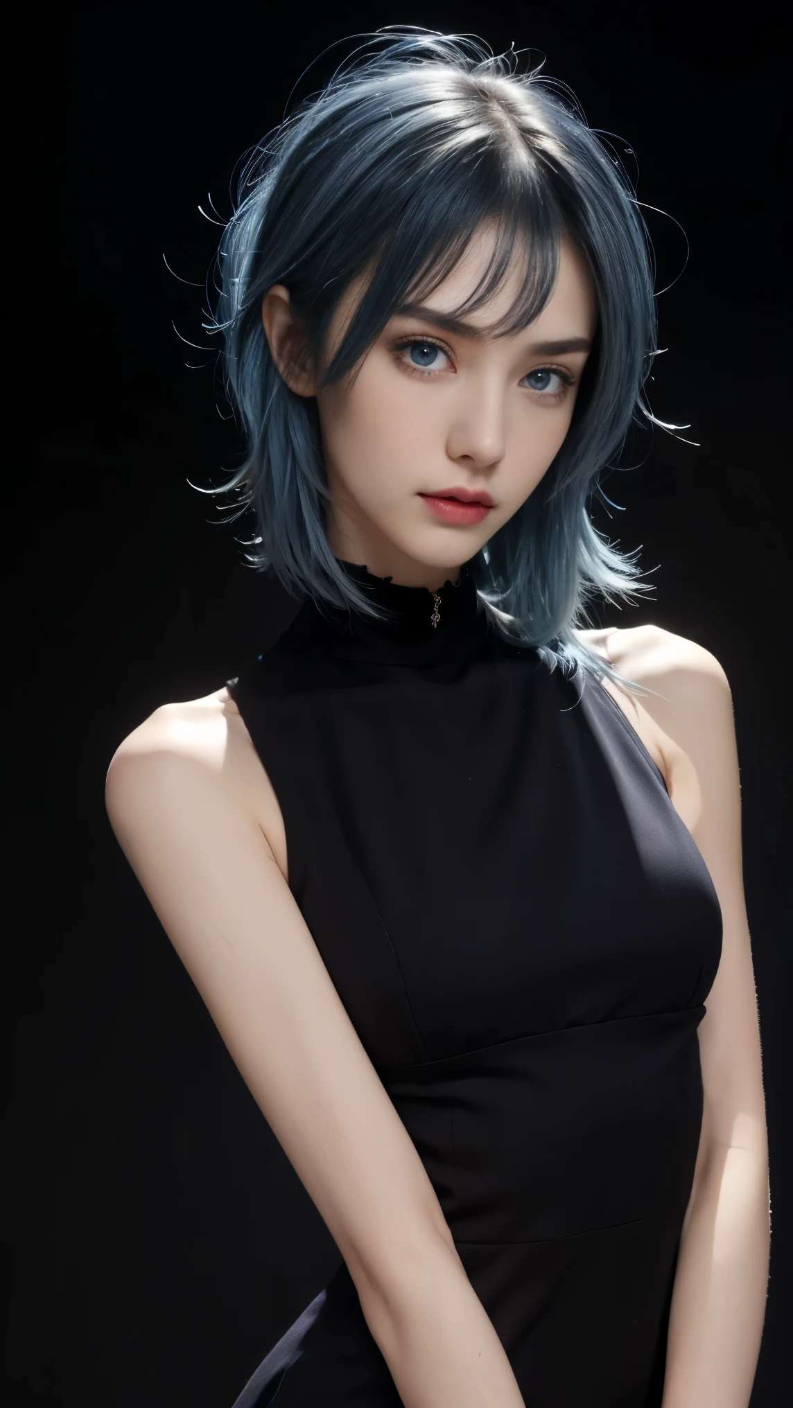 8K, Top Quality, Intricate Details, Ultra Detail, Ultra High Resolution, Masterpiece, close up shot, (full body: 1.1), Slender, Smile, (Makeup: 0.4), (Fluffy Blue Eyes: 1.21), (()), 1girl, solo, 1 girl, ((blue hair, bangs)), close up shot, , ((tall)), (((fit body))), (((slim face))), sharp face, (()) ,(detailed face), sharp face, small lips, , , ,
((,samurai)), , ((,)), detailed face, , Narrow Waist, Skinny, tall , 175 cm tall, Muscular, Navel, Exposed Abdomen, Pointed Chest,, Beautiful girl with accentuated slender abs: 1.4, Six Pack Abs: 1.4, Bust Botox, Big, Perfect Body, detail leg, (( dark background)), black background,