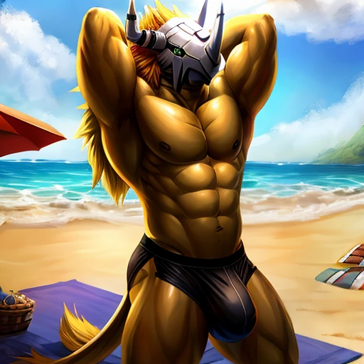 BlackWargreymon, bare chest golden hair, yellow hair, black skin, on the beach, towel around hips, arms behind head, bulge