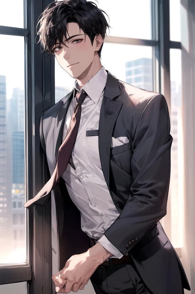 1boy, face focus, adult, business suit, jacket, white shirt, necktie, pants, best quality, hires, detailed face, office, buildings from window, detailed background, diffused sunlight, depth of field, bokeh