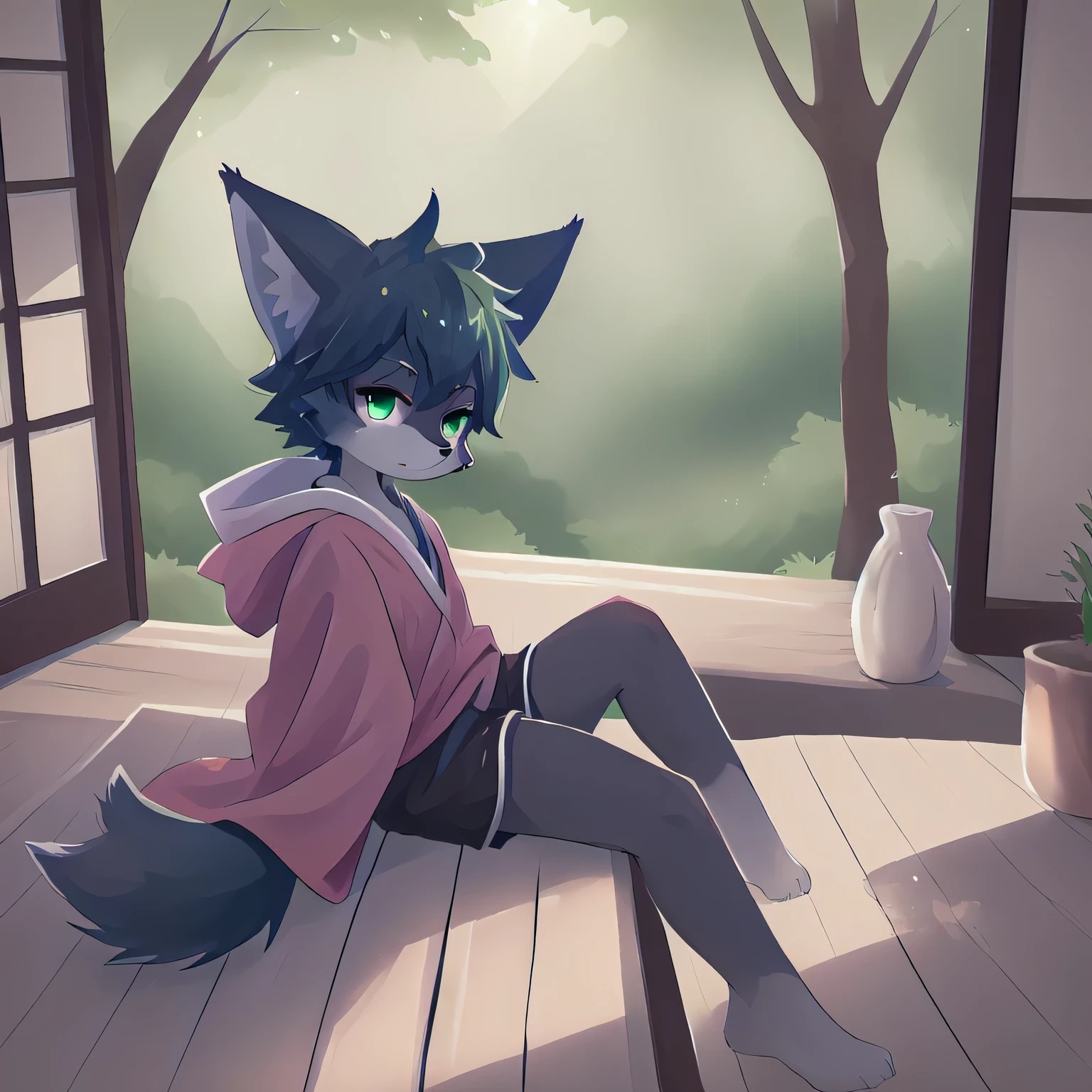 Fox personification,one person,Cute design,Blue-green eyes,Black fur, Black Nose,Long, bushy tail,Hooded kimono,Shorts,Country house,Veranda,afternoon,Sunlight filtering through the trees,Bright colors