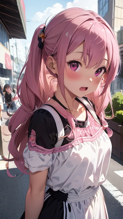 (one male standing aside a girl) and one Girl with pink hair, long double-tailed hairstyle, ((small pink bushy eyebrows)), dressed in lolita clothes, marked vagina, lolicon (Zankuro) drawing style by zankuro artist, Zancro style, image uploaded to R34, sucking penis cum bubbling out her mouth, in a street