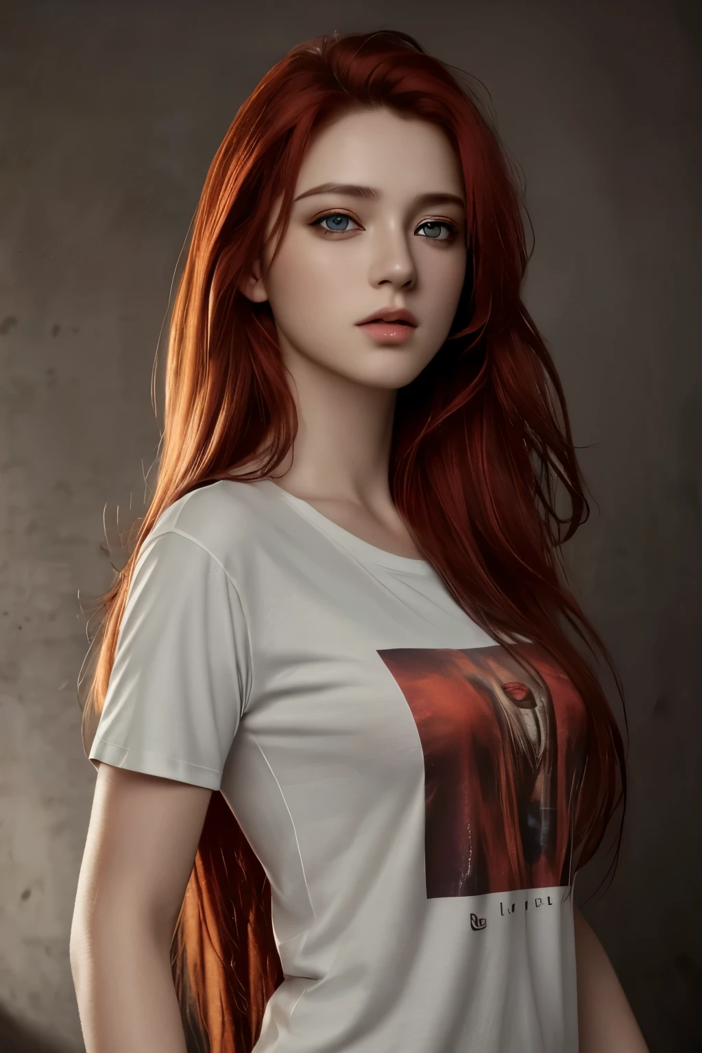 Best quality, masterpiece, ultra high res, (photorealistic:1.37), raw photo, 1girl, long hair, beautifull eyes, beautifull face, detailed eyes and face, t-shirt, dynamic lighting, in the dark, deep shadow, low key, cowboy shot, red hair