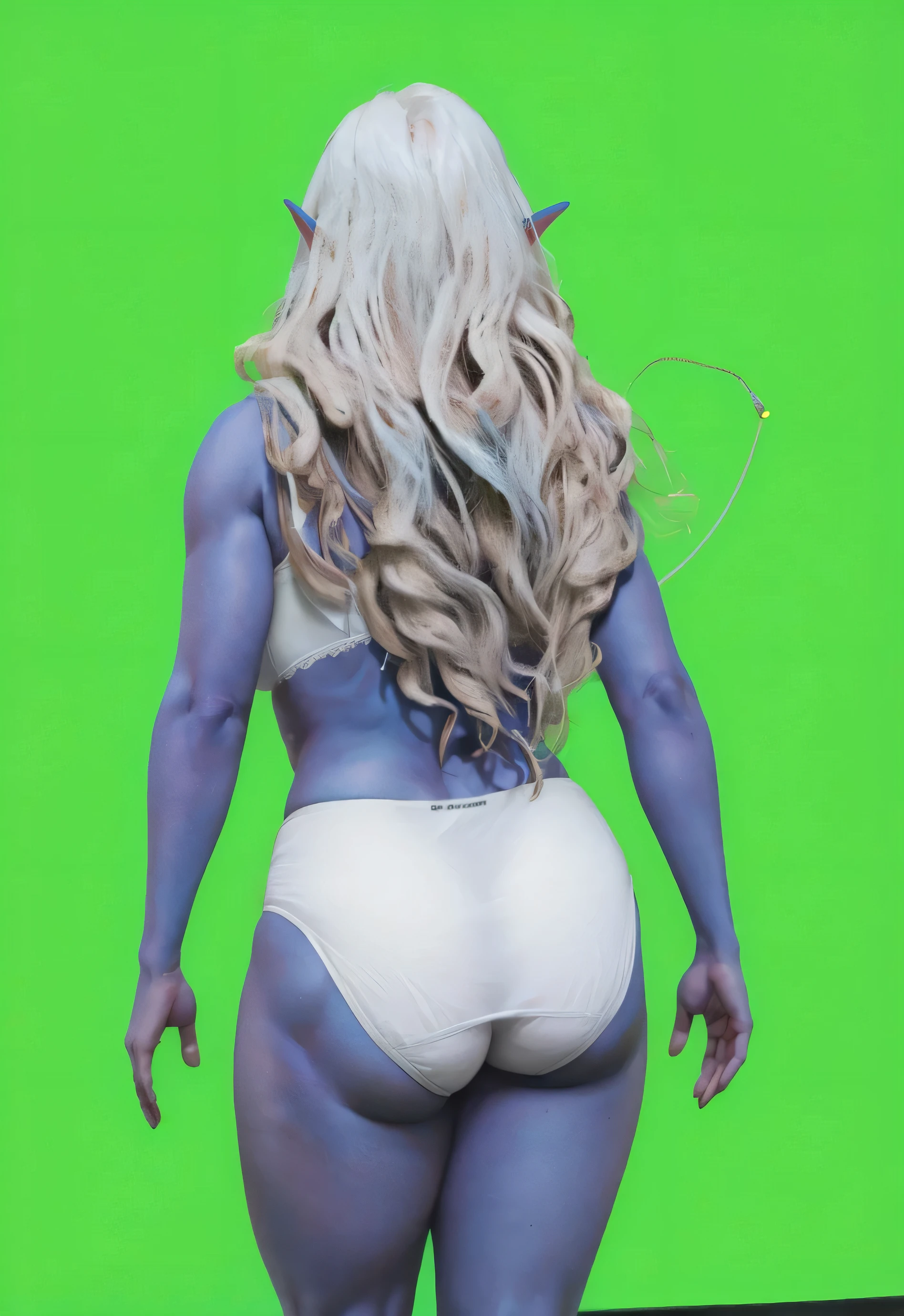 ((masterpiece, best quality)), ((((perfect anatomy)))), ((35 year old)), (((Curvy))), ((Dark Elven woman with long white hair)), in ((white cotton panties)), ((white bra)), (((Large buttocks))), standing in front of a green screen, (((comic book art style)))