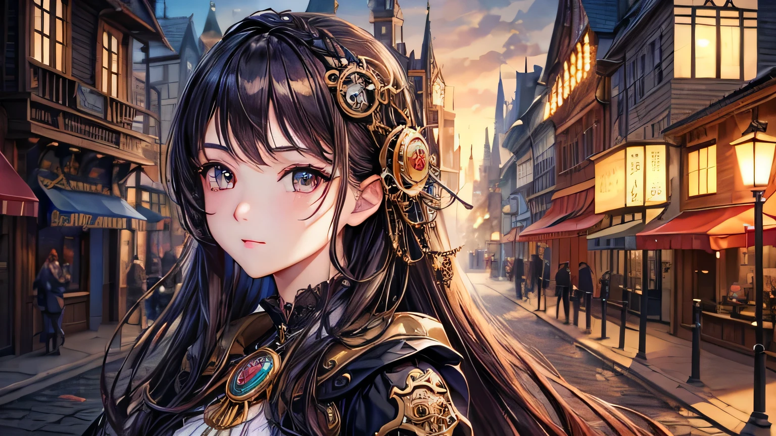 highest quality、Masterpiece、Ultra-high resolution、1 female、Age 25、The ultimate beauty、so beautiful、Shiny、Long Hair、Bright Eyes、Small Face Beauty、solemn expression、steampunk outfit、Steampunk medieval cityscape with gear elements、Super big 、Detailed, high-quality facial expression、Detailed and high quality hair、Detailed and high-quality eye depiction、