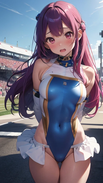 masterpiece、highest quality、Very detailed、Photograph the upper body、1 female、(Put your arms behind your back:1.2)、Are standing、Turn your body forward、View your viewers、(Race Queen:1.3、blue companion costume)、blush、shy、(trembling:1.2)、Pink Hair、Open your mouth、circuit、F1、