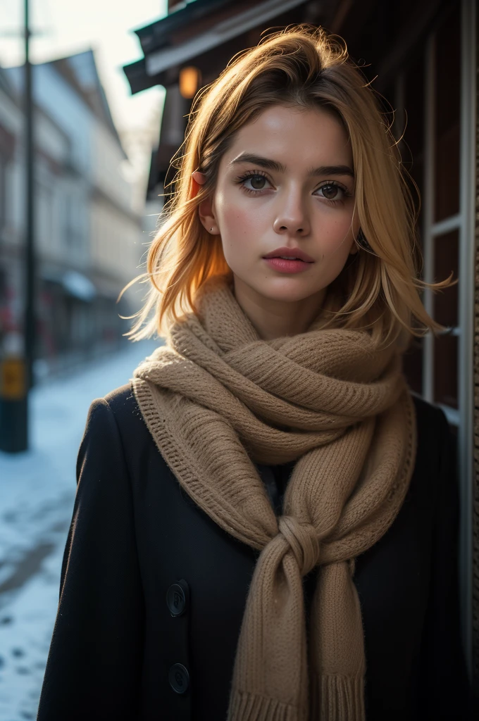 fotografia profissional de uma linda garota norueguesa em roupas de inverno com cabelos loiros longos e ondulados, olhar sensual e sedutor, sardas, beautiful symmetrical face, linda maquiagem natural, vestindo roupas elegantes e quentes de inverno, parado do lado de fora na rua nevada da cidade