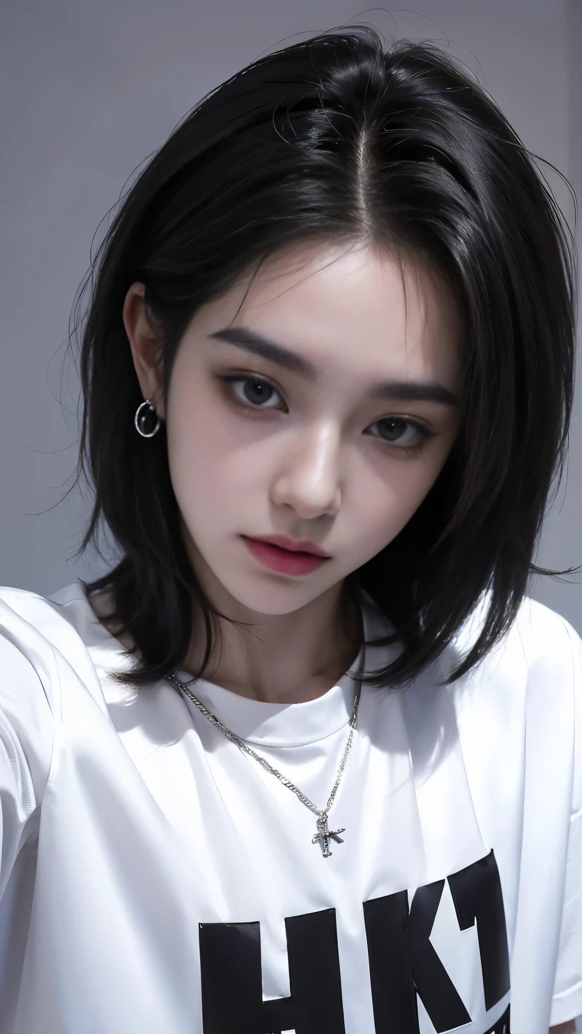 ((best quality, 8k, masterpiece: 1.3)), Instagram Selfie、room background、Street fashion handsome boy:1.5, 17 years old、Delinquent boy、 Well-groomed face, Black hair、Thin face、（White skin:1.5）、whole body、（wave:2.0）、black eyes、Super handsome、Sexy eyes、Ultra-thin face, Handsome nose, Small eyes and small face, Beautiful Lights, high resolution, detailed mouth, Smile, whole body: 1.5, Perfect body shape、Ultra-thin，Medium Length Hair、STUSSY Clothing、silver accessories、Oversized clothes、