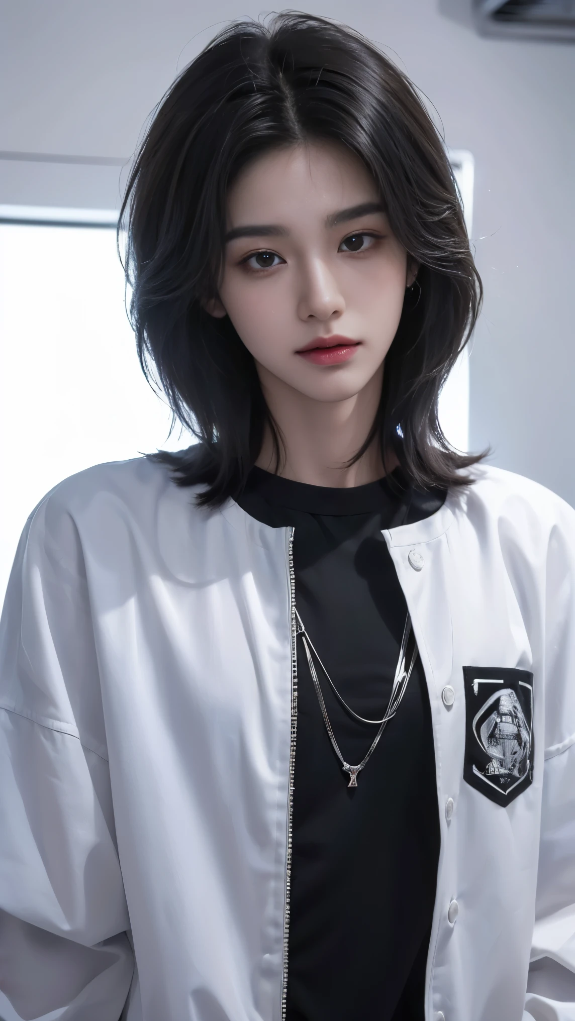((best quality, 8k, masterpiece: 1.3)), Instagram Selfie、room background、Street fashion handsome boy:1.5, 17 years old、Delinquent boy、 Well-groomed face, Black hair、Thin face、(White skin:1.5)、whole body、(wave:2.0)、black eyes、Super handsome、Sexy eyes、Ultra-thin face, Handsome nose, Small eyes and small face, Beautiful Lights, high resolution, detailed mouth, Smile, whole body: 1.5, Perfect body shape、Ultra-thin,Medium Length Hair、STUSSY Clothing、silver accessories、Oversized clothes、