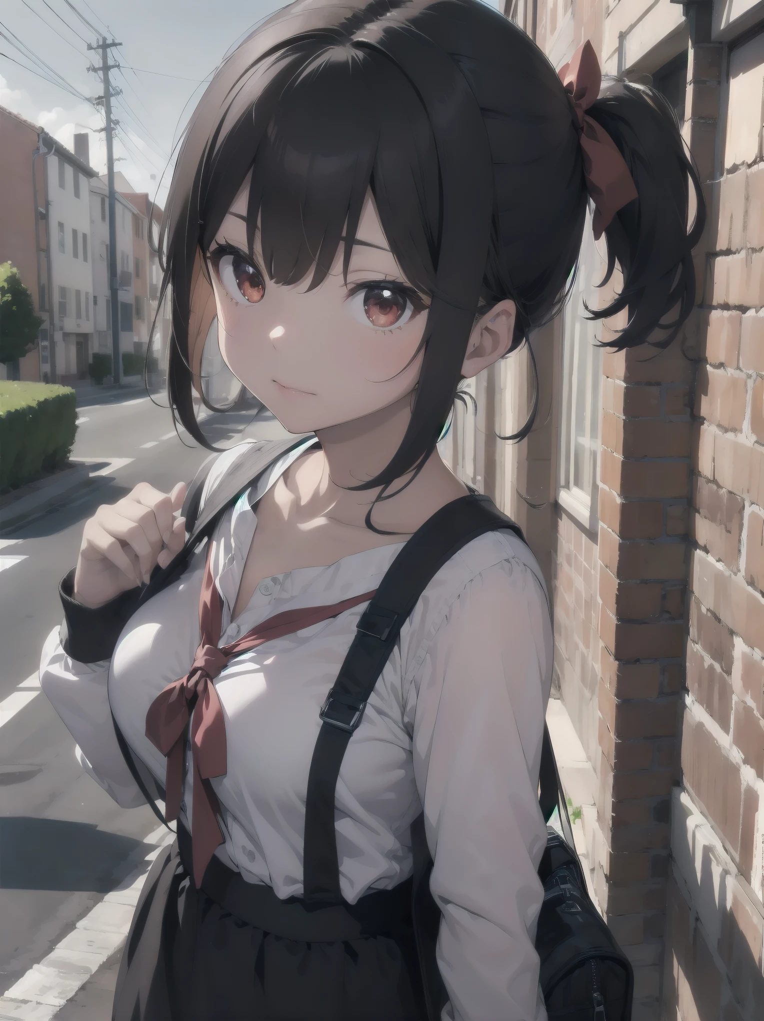 A cute girl with a long black ponytail with red eyes, Blushing a lot, shy