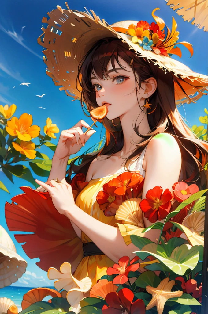 absurdres, highres, ultra detailed, 1girl, solo, extremely detailed eyes, starfish, seashell, shell, flower, hat, hair ornament, jewelry, straw hat, looking at viewer, sunglasses, hat flower, drinking straw, hairclip, earrings, red flower, tinted eyewear, yellow flower, bangs, english text, multicolored hair, orange flower, black hair, ring, cup, long hair, orange-tinted eyewear, food, brown hair, portrait, shell hair ornament