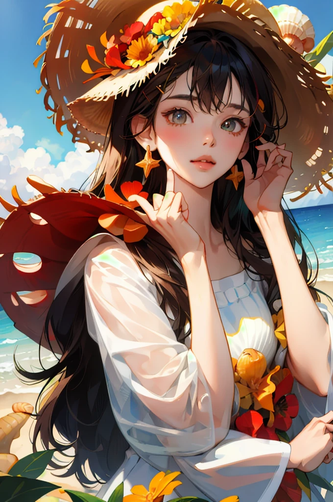 absurdres, highres, ultra detailed, 1girl, solo, extremely detailed eyes, starfish, seashell, shell, flower, hat, hair ornament, jewelry, straw hat, looking at viewer, sunglasses, hat flower, drinking straw, hairclip, earrings, red flower, tinted eyewear, yellow flower, bangs, english text, multicolored hair, orange flower, black hair, ring, cup, long hair, orange-tinted eyewear, food, brown hair, portrait, shell hair ornament