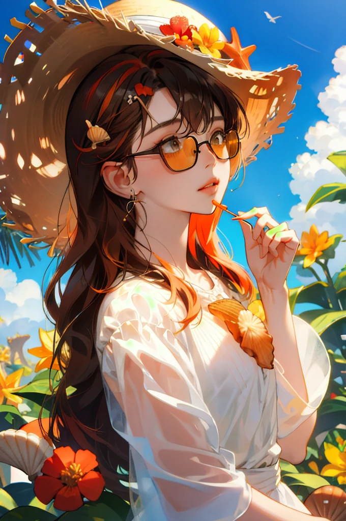 absurdres, highres, ultra detailed, 1girl, solo, extremely detailed eyes, starfish, seashell, shell, flower, hat, hair ornament, jewelry, straw hat, looking at viewer, sunglasses, hat flower, drinking straw, hairclip, earrings, red flower, tinted eyewear, yellow flower, bangs, english text, multicolored hair, orange flower, black hair, ring, cup, long hair, orange-tinted eyewear, food, brown hair, portrait, shell hair ornament