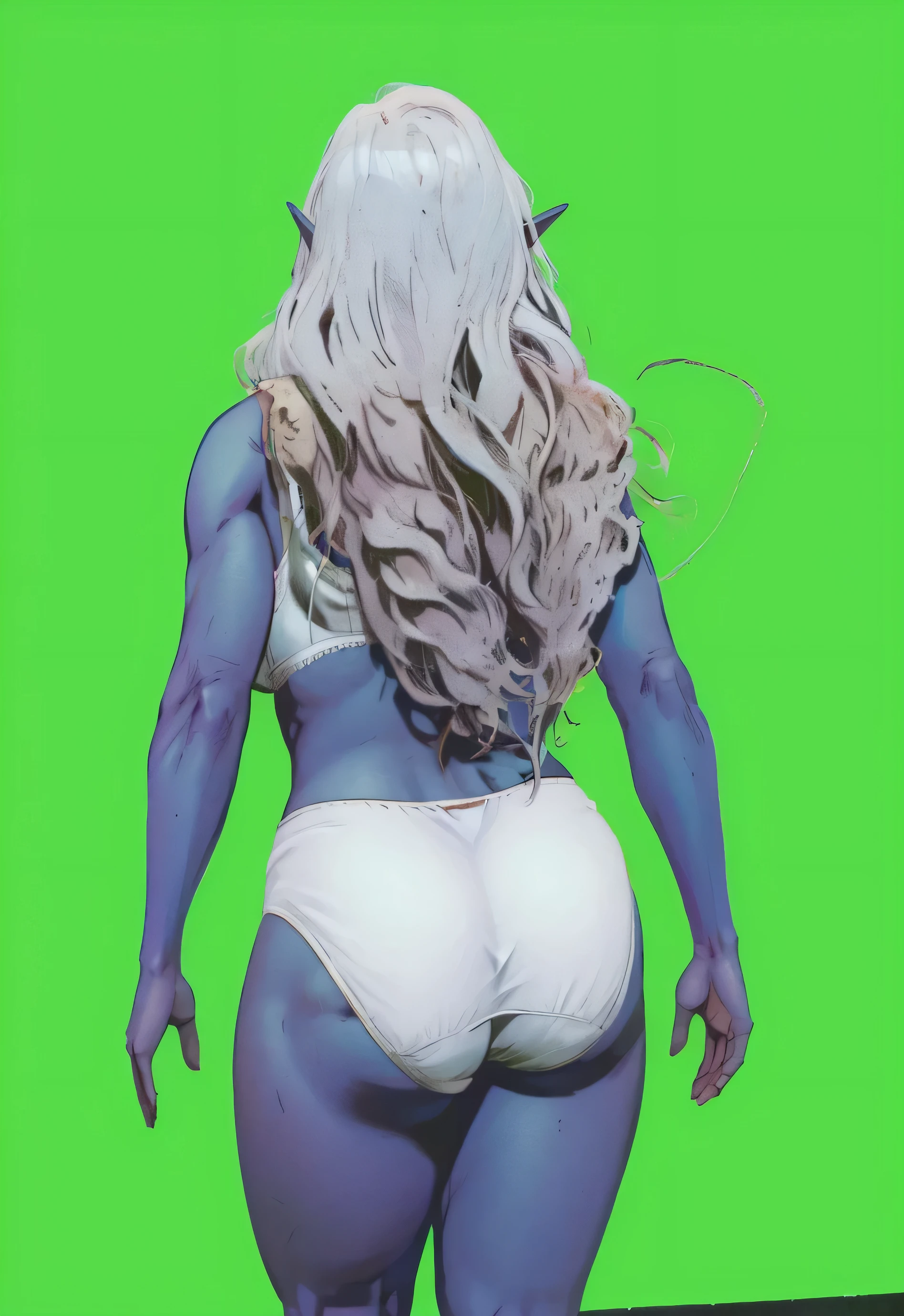 ((masterpiece, best quality)), ((((perfect anatomy)))), ((35 year old)), (((Curvy))), ((Dark Elven woman with long white hair)), in ((white cotton panties)), ((white bra)), (((Large buttocks))), standing in front of a green screen, (((comic book art style)))