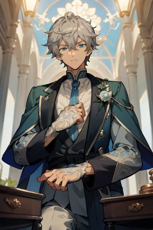 masterpiece, best quality, 1 male, adult, muscular tall, handsome, finely detailed eyes, intricate details, light grey hair, blue eyes, looking down at viewer, elegant, regal, handsome face, lovelyboy, izumi sena, light skin, staring down at viewer, giant, giant man, elegant clothing, viewed from below, sitting at desk, staring down at viewer, fluffy hair, small eyes, slim eyes, wearing black turtleneck, green coat resting on shoulders