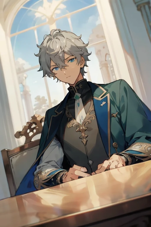 masterpiece, best quality, 1 male, adult, muscular tall, handsome, finely detailed eyes, intricate details, light grey hair, blue eyes, looking down at viewer, elegant, regal, handsome face, lovelyboy, izumi sena, light skin, staring down at viewer, giant, giant man, elegant clothing, viewed from below, sitting at desk, staring down at viewer, fluffy hair, small eyes, slim eyes, wearing black turtleneck, green coat resting on shoulders