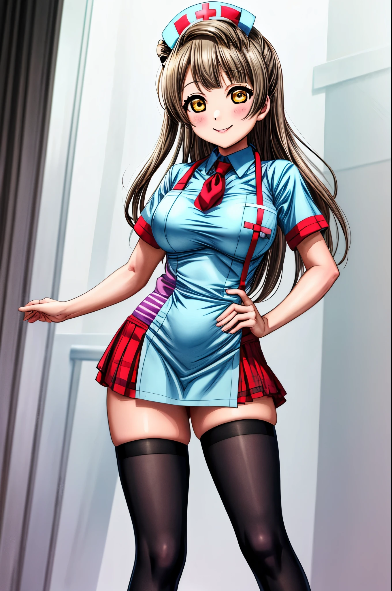 Masterpiece, best quality, cowboy shot,solo,minami kotori, standing, white Scrubs, nurse cap, (contrapposto:1.2),big breasts, skin tight, thighs , sexy smile