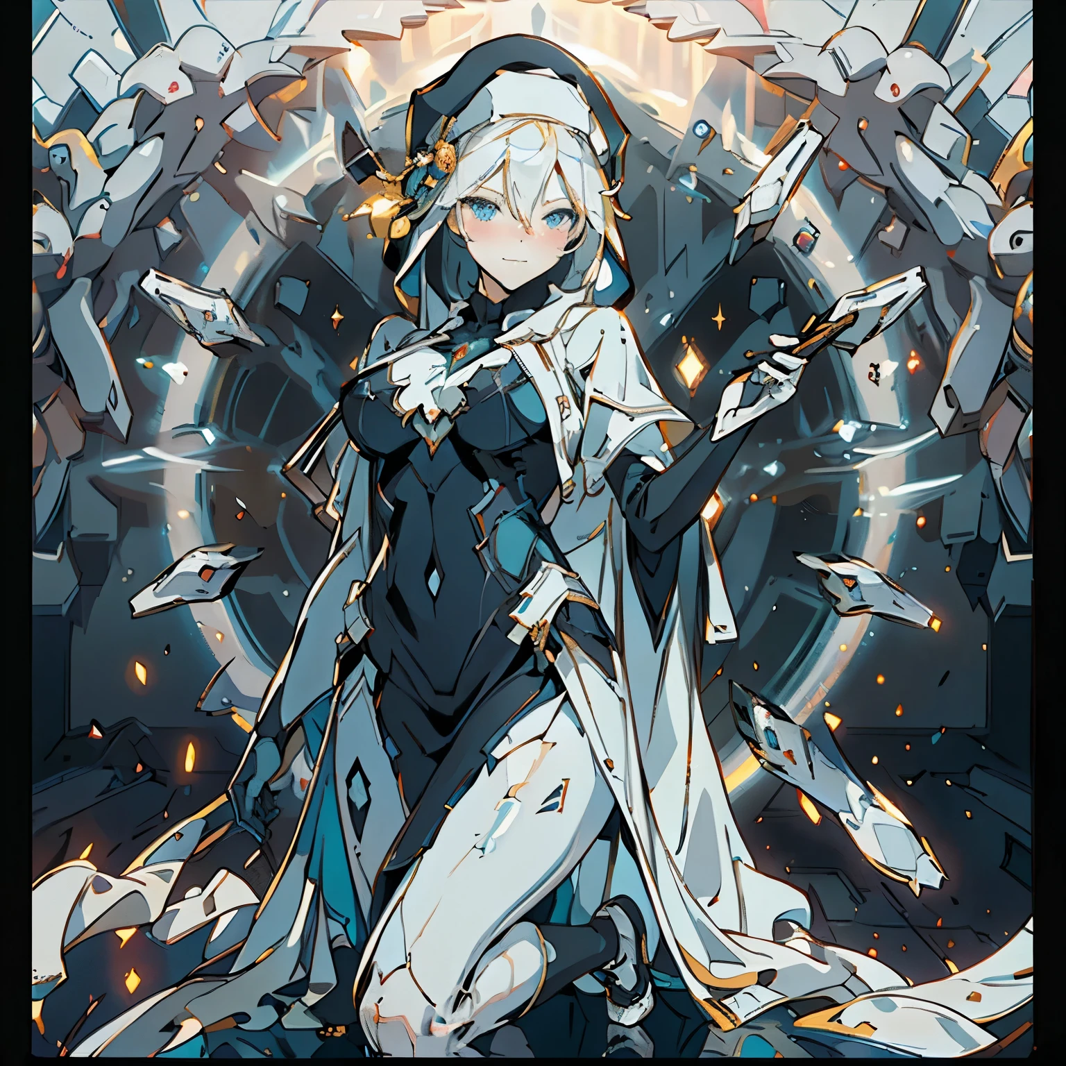 1 adult woman, alone, High detail mature face, long bread blond hair, smile, blue eyes, black and white Nun hat, high res, ultra sharp, 8k, masterpiece, looking at viewer, long black gloves, Sharp eyes, ((Best quality)), ((masterpiece)), 3D, HDR (High Dynamic Range),Ray Tracing, NVIDIA RTX, Super-Resolution, Unreal 5,Subsurface scattering, PBR Texturing, Post-processing, Anisotropic Filtering, Depth-of-field, Maximum clarity and sharpness, Multi-layered textures, Albedo and Specular maps, Surface shading, Accurate simulation of light-material interaction, Perfect proportions, Octane Render, Two-tone lighting, Wide aperture, Low ISO, White balance, Rule of thirds,8K RAW, Aura, masterpiece, best quality, Mysterious expression, magical effects like sparkles or energy, flowing robes or enchanting attire, mechanic creatures or mystical background, rim lighting, side lighting, cinematic light, ultra high res, 8k uhd, film grain, best shadow, delicate, RAW, light particles, detailed skin texture, detailed cloth texture, beautiful face, fighting stance , holding staff