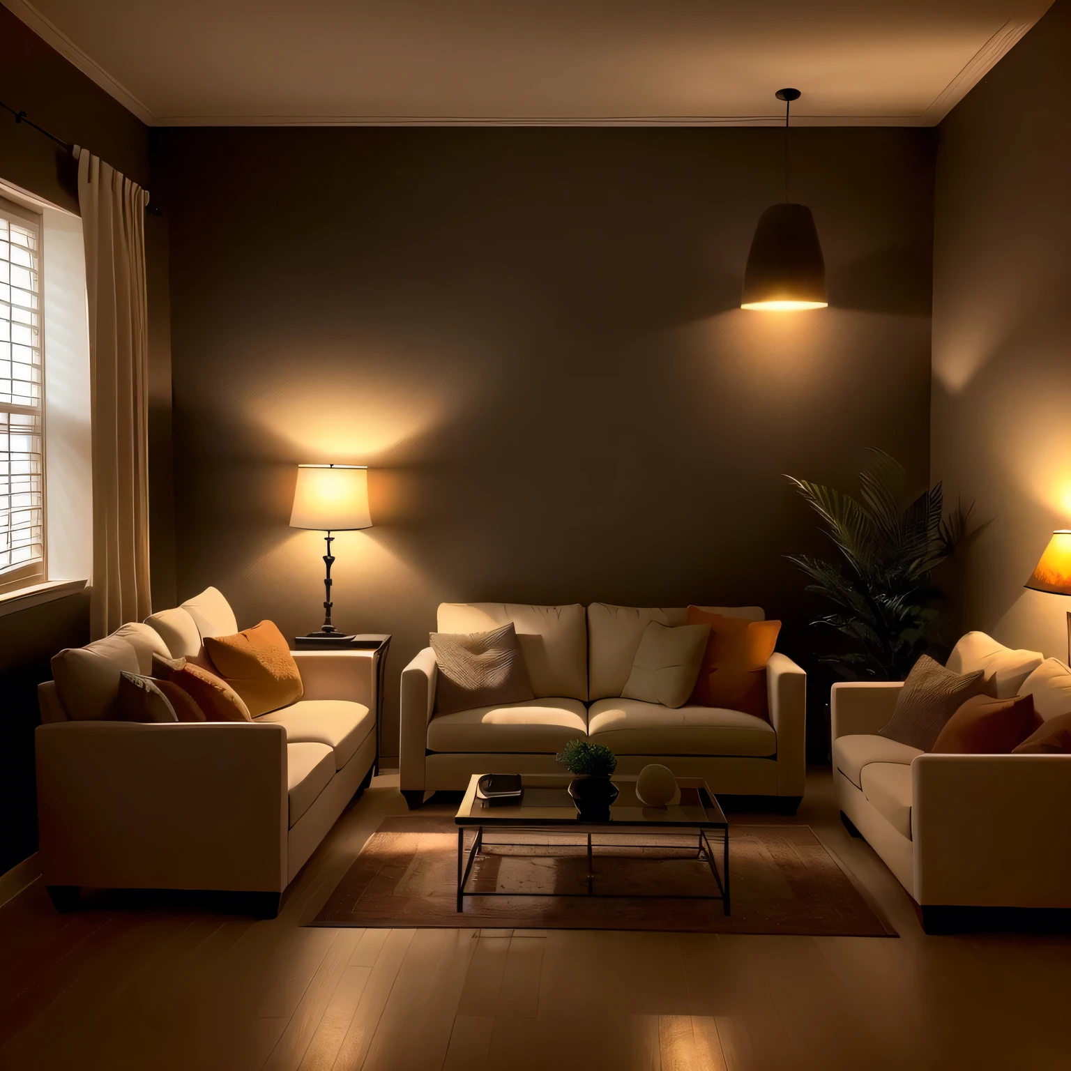 a dimly lit living room with a couch and a table, warm ambient lighting, warm lighting interior, bright ambient lighting, warm ambient light, mysterious ambient lighting, soft ambient lighting, cinematic mood lighting, dramatic ambient lighting, warm interior, cheerful ambient lighting, complementary lighting, detailed ambient lighting, cinematic accent lighting, indoor soft lighting, warm living room, ambient lighting