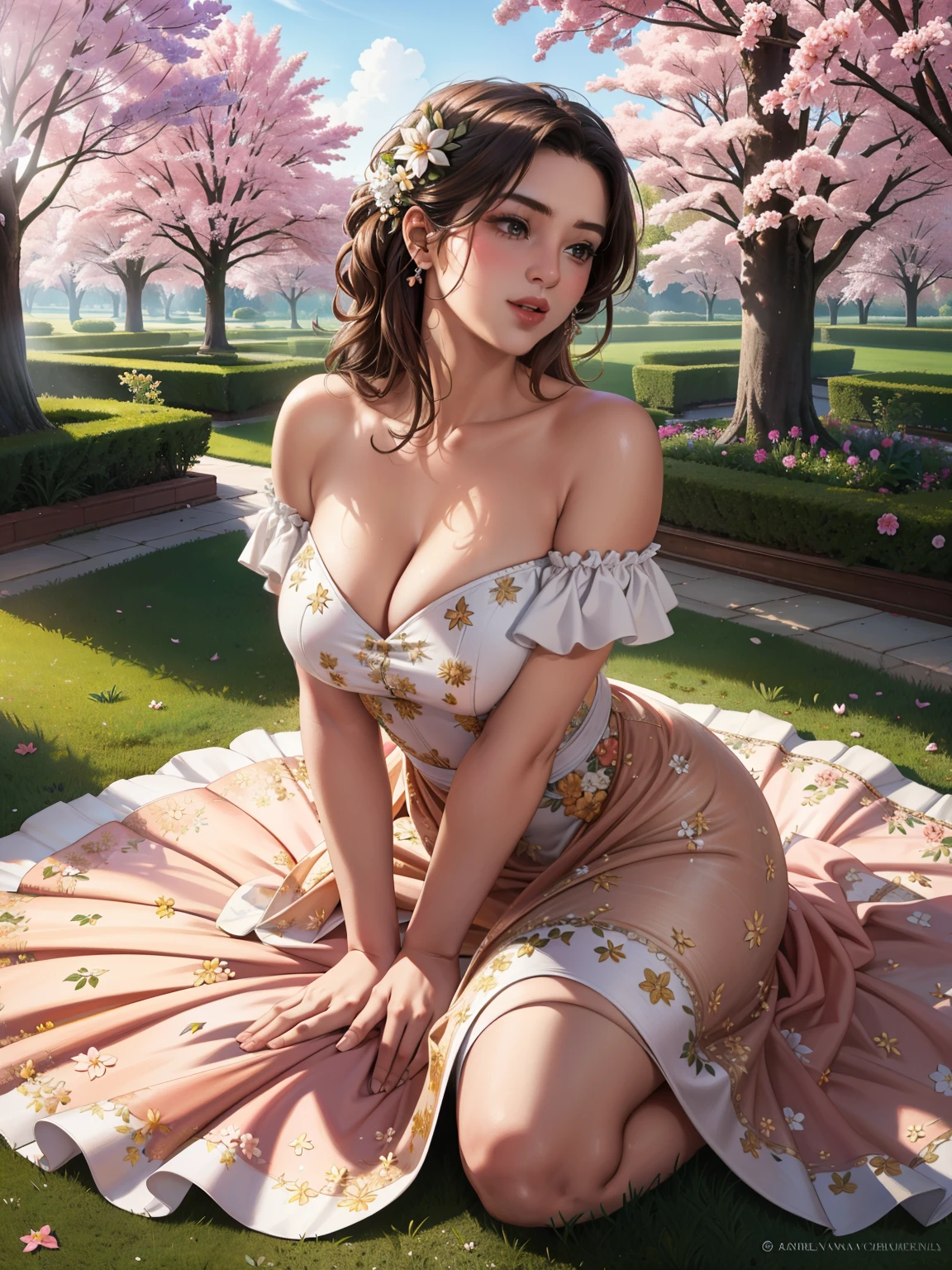 (best quality,4k,8k,highres,masterpiece:1.2),ultra-detailed,(realistic,photorealistic,photo-realistic:1.37),A garden blooming with flowers, under the light of the sun, girls wearing floral dresses dance gracefully. The girls have beautiful detailed eyes, beautiful detailed lips, and extremely detailed faces. They have long eyelashes, and their dresses are made of floral patterns that can be seen clearly. The garden is filled with vibrant colors, with flowers of various shades and types. The sunlight illuminates the scene, casting soft shadows on the ground. The girls' movements are lively and full of joy, as they twirl and leap in the air. The atmosphere of the garden is enchanting, evoking a sense of beauty and happiness. The artwork captures every intricate detail, from the textures of the flowers to the expressions on the girls' faces. The colors are vivid and vibrant, creating a visually stunning masterpiece. The lighting is natural and enhances the overall atmosphere of the scene.