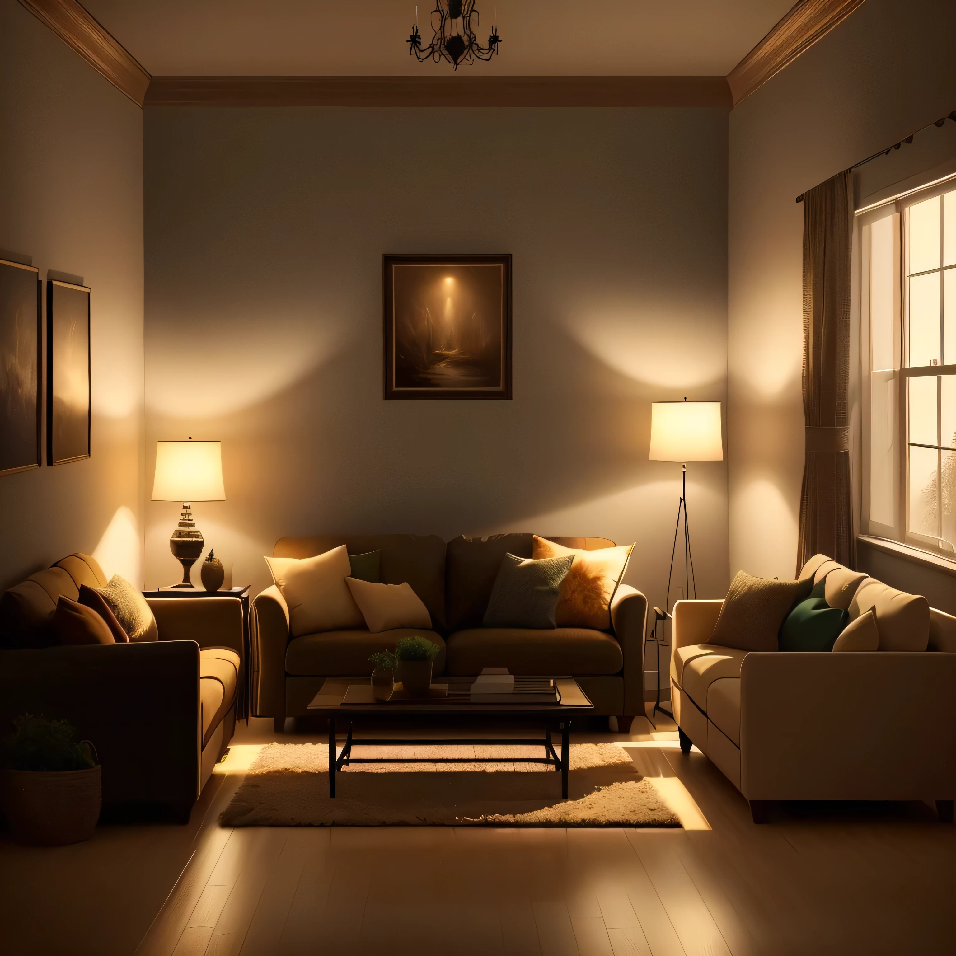 a dimly lit living room with a couch and a table, warm ambient lighting, warm lighting interior, bright ambient lighting, warm ambient light, mysterious ambient lighting, soft ambient lighting, cinematic mood lighting, dramatic ambient lighting, warm interior, cheerful ambient lighting, complementary lighting, detailed ambient lighting, cinematic accent lighting, indoor soft lighting, warm living room, ambient lighting