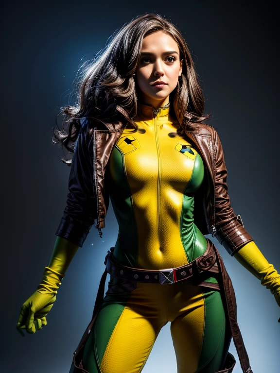 Jessica Alba、masterpiece, High-quality 4K, Villain (X-Men), Gothic Girl, Sculpted body gothic makeup, Brown jacket, Yellow and green bodysuit, masterpiece, highest quality, Cowboy Shot, One girl, alone, Technology Military Bodysuit, fringe.