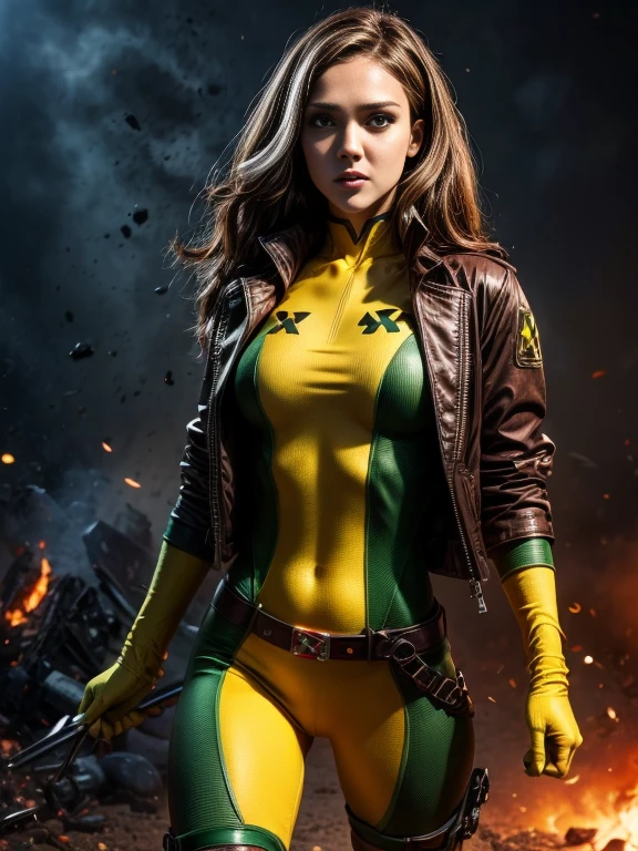 Jessica Alba、masterpiece, High-quality 4K, Villain (X-Men), Gothic Girl, Sculpted body gothic makeup, Brown jacket, Yellow and green bodysuit, masterpiece, highest quality, Cowboy Shot, One girl, alone, Technology Military Bodysuit, fringe.