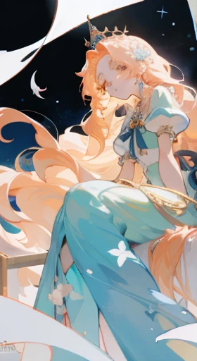 Anime girl sitting on bench，Roses and chains around the neck, - Mariner Galaxy. Beautiful, ((Beautiful queen fantasy)), Princess anime, anime goddess, Blonde - Princess hair, Nice anime style, gorgeous goddess of leo, anime art nouveau, Nice anime, Nice anime art style, long-haired blonde anime girl, beautiful anime art, tmasterpiece, best qualityer, (Extremely detailed Unity 8k CG wallpaper), (best qualityer), (Best Illustration), (Best shade), absurderes, Epic art, Pose Gloriosas, Gorgeous detail brightness, Glow background brightness, insanely details