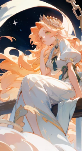 Anime girl sitting on bench，Roses and chains around the neck, - Mariner Galaxy. Beautiful, ((Beautiful queen fantasy)), Princess anime, anime goddess, Blonde - Princess hair, Nice anime style, gorgeous goddess of leo, anime art nouveau, Nice anime, Nice anime art style, long-haired blonde anime girl, beautiful anime art, tmasterpiece, best qualityer, (Extremely detailed Unity 8k CG wallpaper), (best qualityer), (Best Illustration), (Best shade), absurderes, Epic art, Pose Gloriosas, Gorgeous detail brightness, Glow background brightness, insanely details