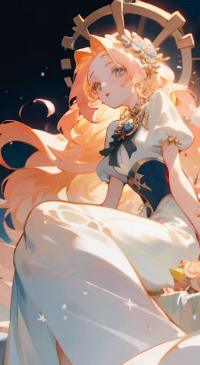 Anime girl sitting on bench，Roses and chains around the neck, - Mariner Galaxy. Beautiful, ((Beautiful queen fantasy)), Princess anime, anime goddess, Blonde - Princess hair, Nice anime style, gorgeous goddess of leo, anime art nouveau, Nice anime, Nice anime art style, long-haired blonde anime girl, beautiful anime art, tmasterpiece, best qualityer, (Extremely detailed Unity 8k CG wallpaper), (best qualityer), (Best Illustration), (Best shade), absurderes, Epic art, Pose Gloriosas, Gorgeous detail brightness, Glow background brightness, insanely details