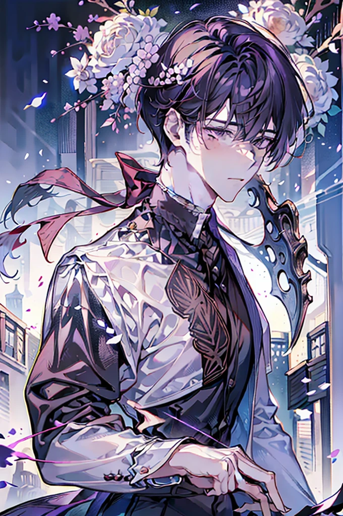 adult man，Holding a bouquet，The flowers are purple，Watercolor beauty，A handsome and gentle man，beautidful eyes，exquisite facial features，Charming temperament，Stirring！prinz，Business suit，Handsome and exquisite，Cold white skin，florals，shoulder width。sedate，a sense of atmosphere，flower bouquet