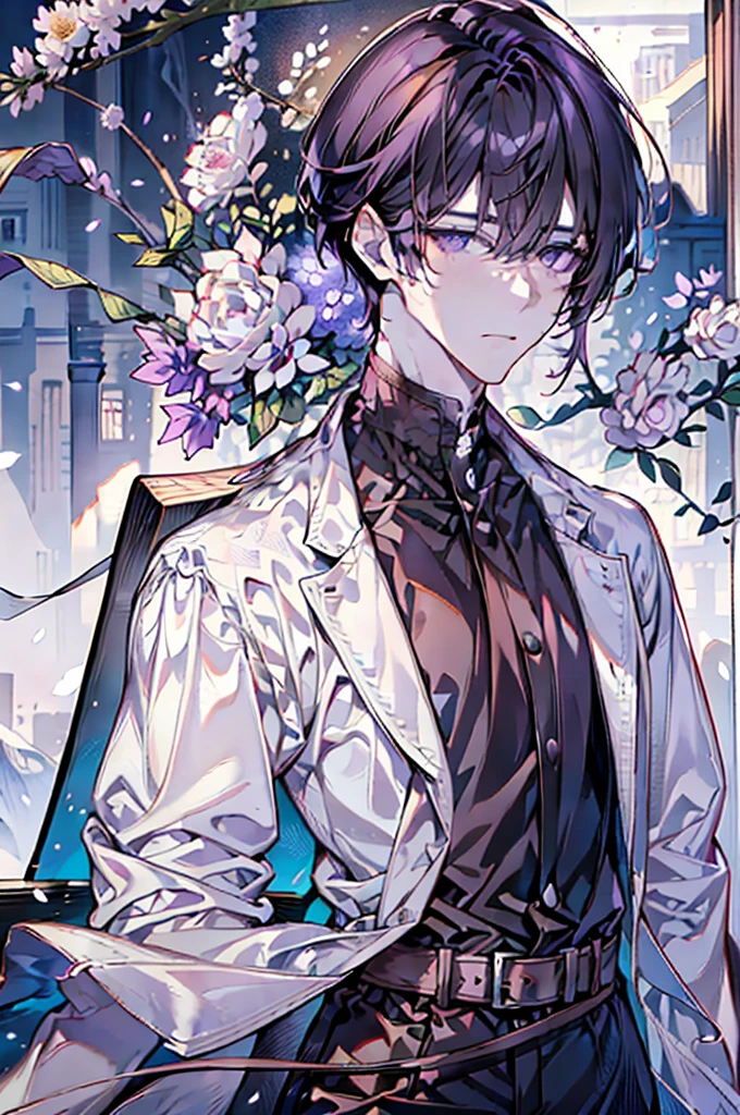 adult man，Holding a bouquet，The flowers are purple，Watercolor beauty，A handsome and gentle man，beautidful eyes，exquisite facial features，Charming temperament，Stirring！prinz，Business suit，Handsome and exquisite，Cold white skin，florals，shoulder width。sedate，a sense of atmosphere，flower bouquet