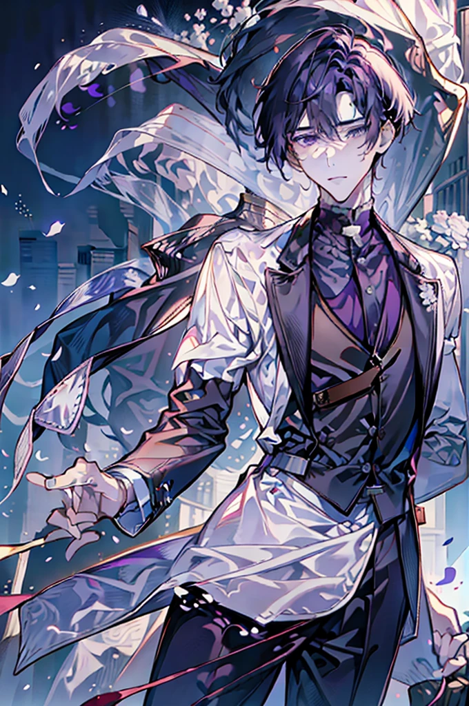 adult man，Holding a bouquet，The flowers are purple，Watercolor beauty，A handsome and gentle man，beautidful eyes，exquisite facial features，Charming temperament，Stirring！prinz，Business suit，Handsome and exquisite，Cold white skin，florals，shoulder width。sedate，a sense of atmosphere，flower bouquet