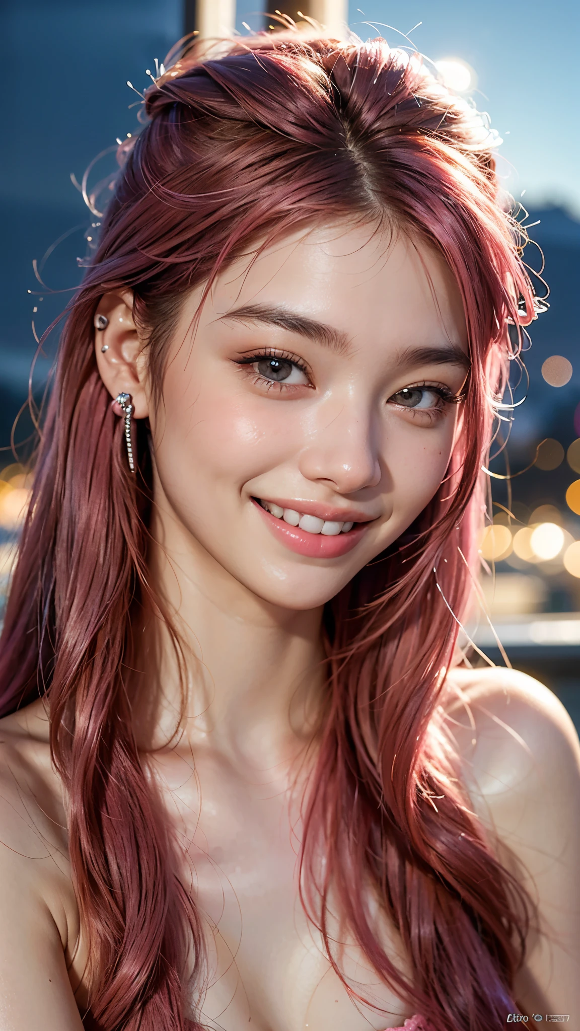 highest quality, masterpiece, Ultra-high resolution, (Realistic:1.4), (Close-up portrait) RAW Photos, 1 girl,20-year-old,((Smiling with teeth showing)),((Big smile))((Neon city at night)),((Wireless Earphones)),((Nose Piercing)),,((Passionate pink haired girl&#39;Makeup)),((High Fashion)),Messy Hair,((Cap Chestnut)),((Short bangs)),Realistic,Image Media Chest)),
