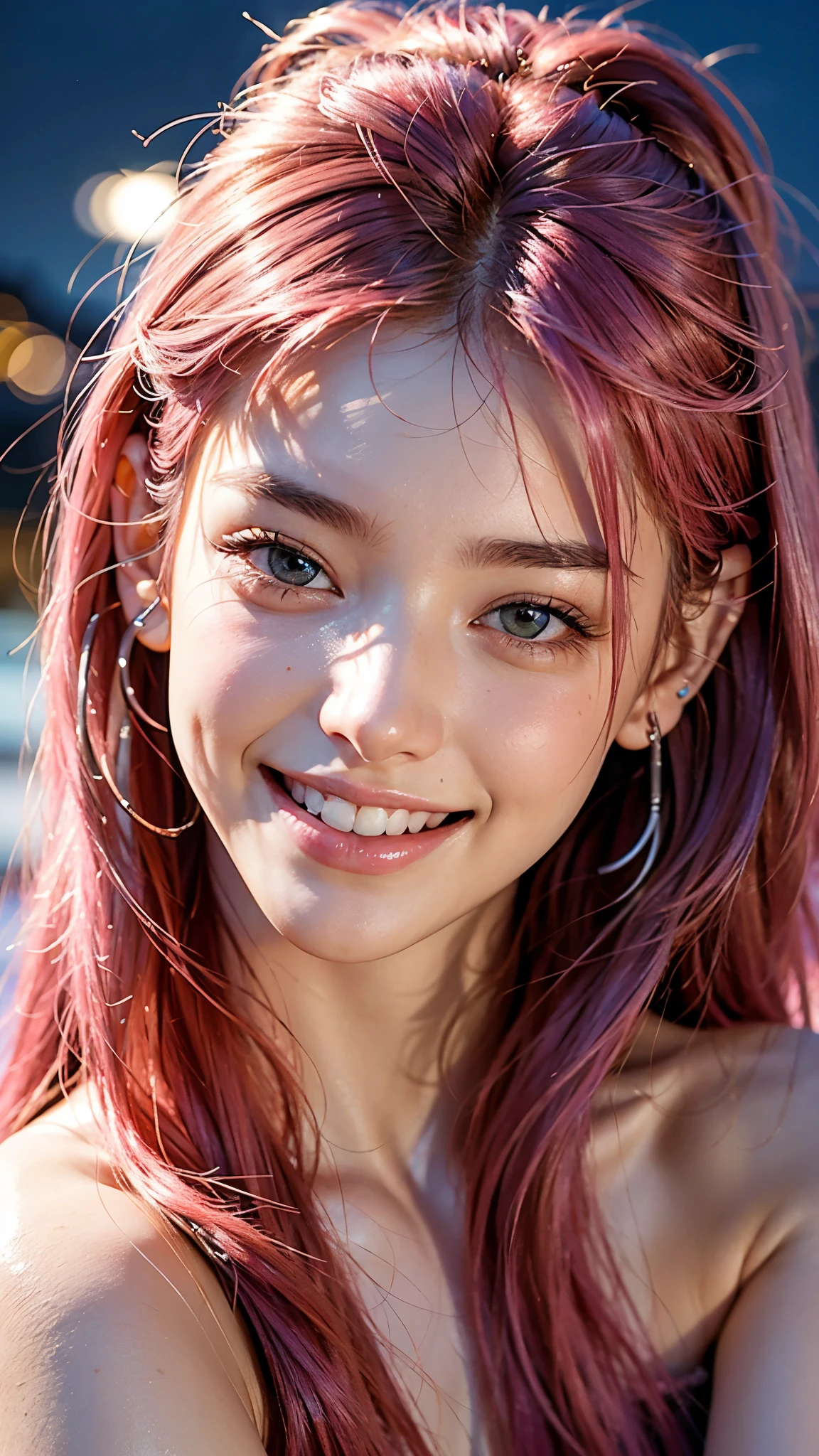 highest quality, masterpiece, Ultra-high resolution, (Realistic:1.4), (Close-up portrait) RAW Photos, 1 girl,20-year-old,((Smiling with teeth showing)),((Big smile)),((Inside the Shinkansen)),((Wireless Earphones)),((Nose Piercing)),,((Passionate pink haired girl'Makeup)),((High Fashion)),Messy Hair,((Cap Chestnut)),((Short bangs)),Realistic,Image Media Chest)),
