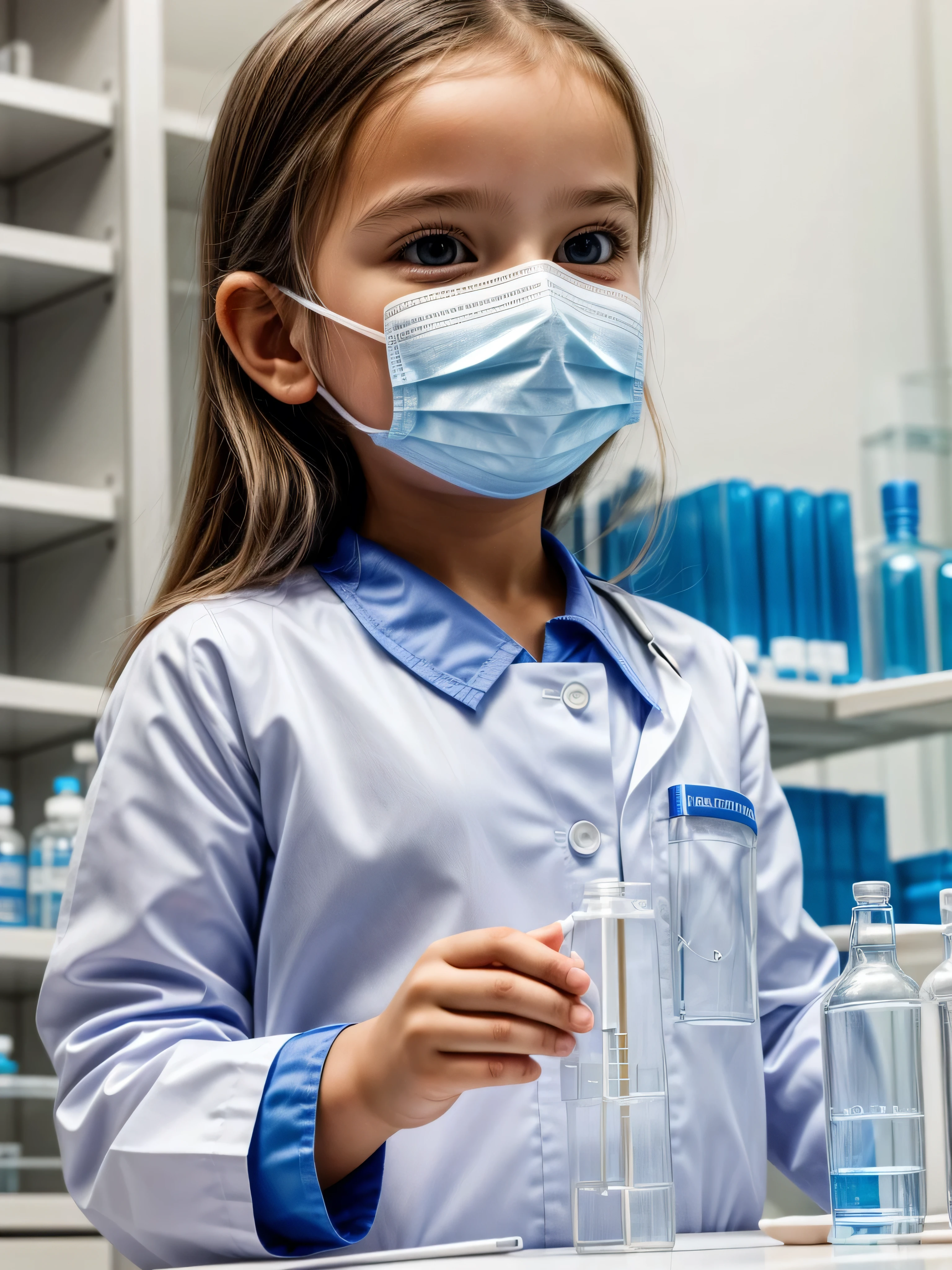 Ultra Realistic, masterpiece, high definition, highly detailed, 8K, a cute american girl , a 8  girl, highly detailed face, highly detailed body, wearing white shirt, blue lab coats, white frocks, blue masks, resembling a lab technician, looking at the test tubes holding in her hands, she's researching about medicines, full body view, proper medical laboratory at the background, perfect background. Labours are working at the labs, highly futuristic lab,