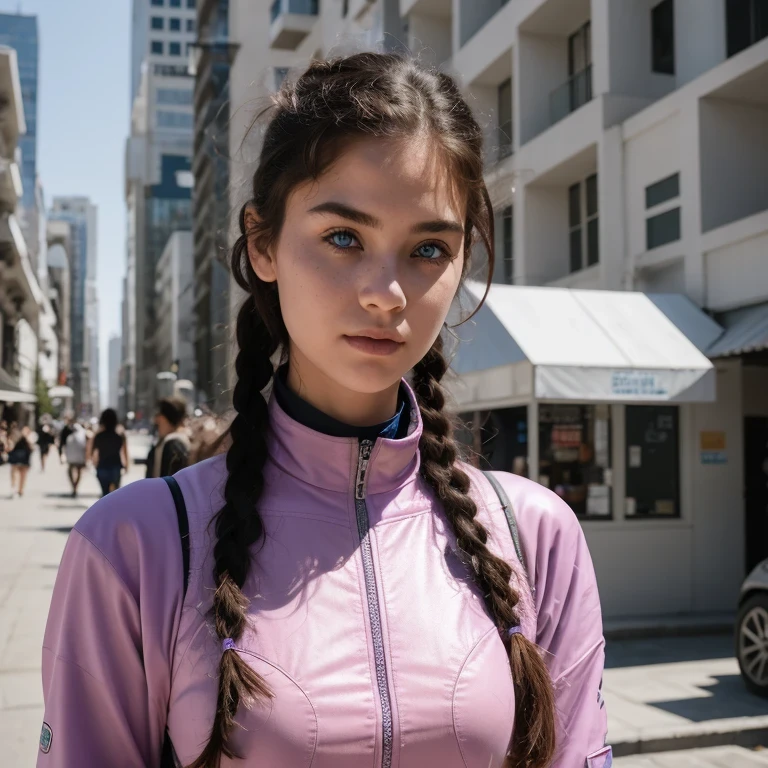 photo of a college student, in Purple Pink, futuristic space suit, (freckles:0.8) cute face, sci-fi, dystopian, detailed eyes, Heterochromia eyes（（Side view））