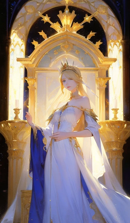 ((Masterpiece)), ((Best Quality)), 8K, HD, Super Detail, (Woman), (White dress studded with yellow gold rims), (Golden hair shawl scattered), (Expression closed eyes) (Full Body Display 1.4) The artwork is a masterpiece, with the best quality and super detail, captured in 8K HD. Photographic realistic, realistic, very detailed illustrations realistic, octane rendering