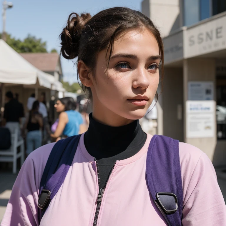 photo of a college student, in Imperial Green Jade Pink, futuristic space suit, (freckles:0.8) cute face, sci-fi, dystopian, detailed eyes, Heterochromia eyes（（Side view））dune