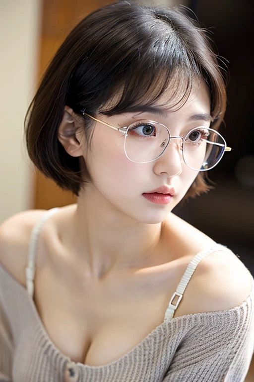 Very short hair with glasses)), Boyish hairstyle,(heterochromatic eyes), Thick eyebrows, double eyelid, Long eyelashes, Glossy Lips, Small mole under eye, (Wearing glasses),, (Beautiful round neck white sweater), (Very large breasts), (Beautiful thighs), Conspicuous bust, (Leaning forward posture), (Hold your chest between your arms), debtirst-person view, debt/16, 135mm, Nikon, Uhard disk, Tabletop, Anatomically correct, Attention to detail, highest quality, hard disk, 4K, 8k