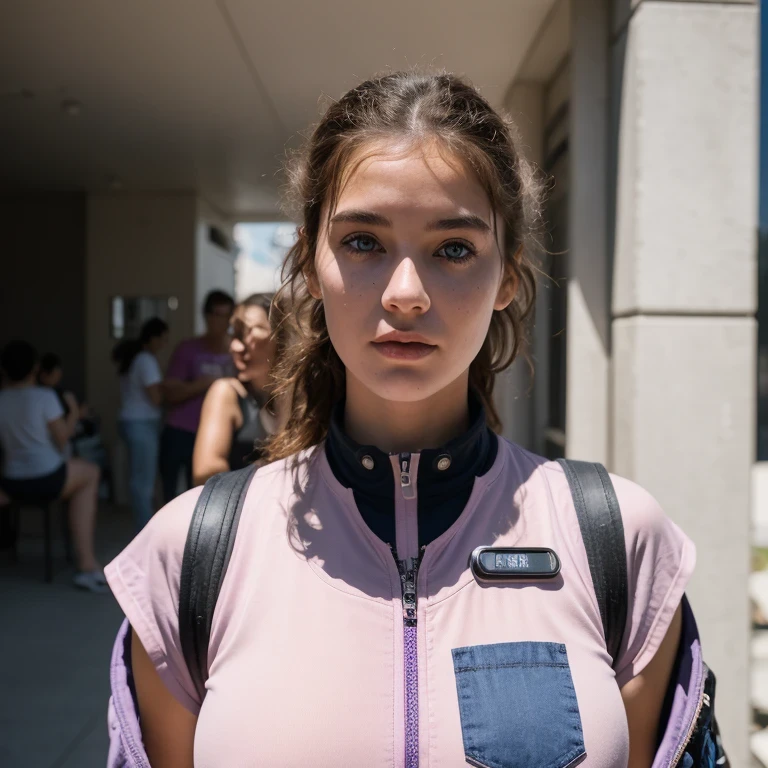 photo of a college student, in Purple Pink, futuristic space suit, (freckles:0.8) cute face, sci-fi, dystopian, detailed eyes, Heterochromia eyes（（Side view））