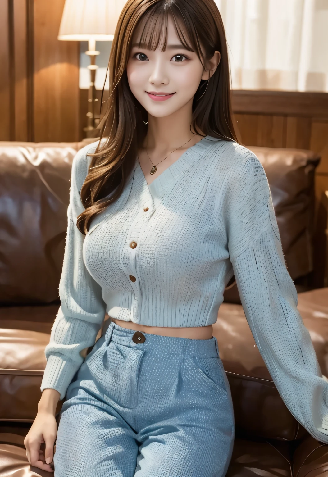 masterpiece, best quality:1.1), (8k, raw photo, photo realistic:1.2, f22), (shiny skin), detailed skin,long hair,detailed face, detailed eyes,smile,BREAK, real world, intricate details, smil, BREAK, 1girl, full body,(Blue,polka dot pattern,pants)BREAK, (sofa:1.4), BREAK