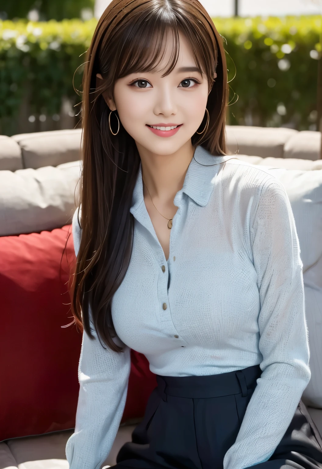 masterpiece, best quality:1.1), (8k, raw photo, photo realistic:1.2, f22), (shiny skin), detailed skin,long hair,detailed face, detailed eyes,smile,BREAK, real world, intricate details, smil, BREAK, 1girl, full body,(Blue,polka dot pattern,pants)BREAK, (sofa:1.4), BREAK