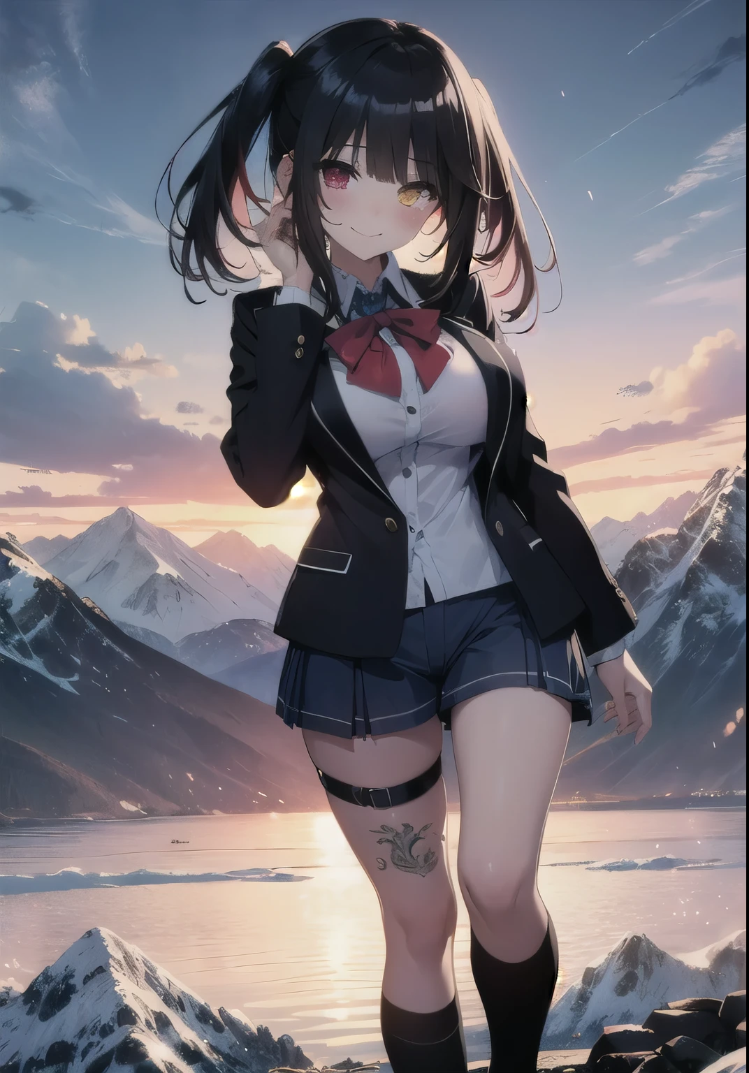 Masterpiece, high quality, ultra quality, best lighting, 1girl, ((tokisaki kurumi)), long hair, black hair, low twintails, monochrome, ((right red eye:1, left yellow eye:1)), black , ((black school uniform)), ((short pants)), ((big breast)), ((big thigh)), smile, blush, cute face, ((gesugao face)), standing, sexy body, sexy, tattooed full body, tattooed face, (((tattooed))),looking at viewer, large the breast, nsfw, (((mountain)))