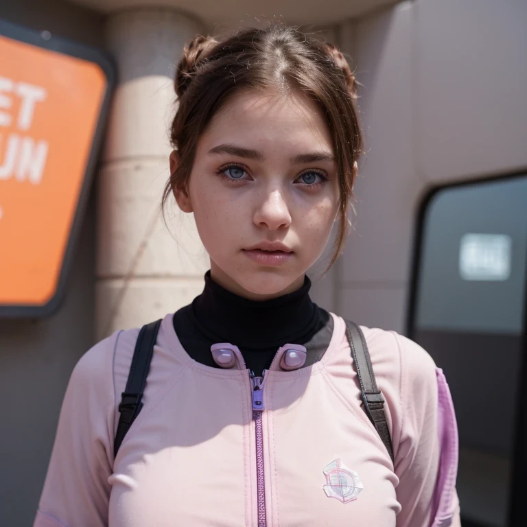 photo of a college student, in Purple Pink, futuristic space suit, (freckles:0.8) cute face, sci-fi, dystopian, detailed eyes, Heterochromia eyes（（Side view））