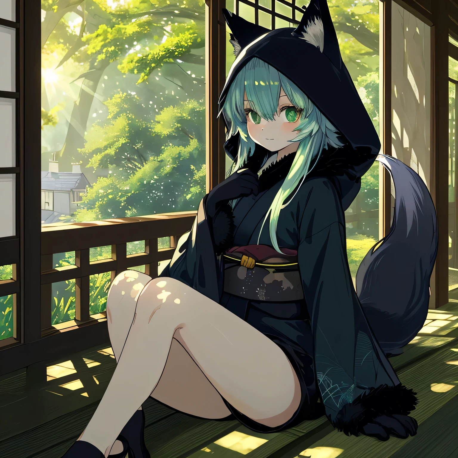 Fox personification,one person,Cute design,Blue-green eyes,Black fur, Black Nose,Long, bushy tail,Hooded kimono,Shorts,Country house,Veranda,afternoon,Sunlight filtering through the trees