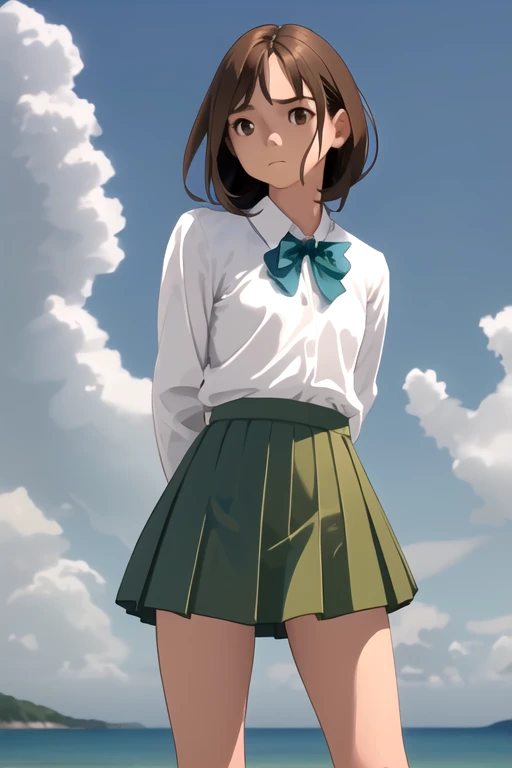 1girl, solo, standing upright, (from front:2), medium brown hair, brown eyes, closed mouth, small breasts, flat chest, arms behind back, (sea-green skirt), pleated skirt, white shirt, blue sky,