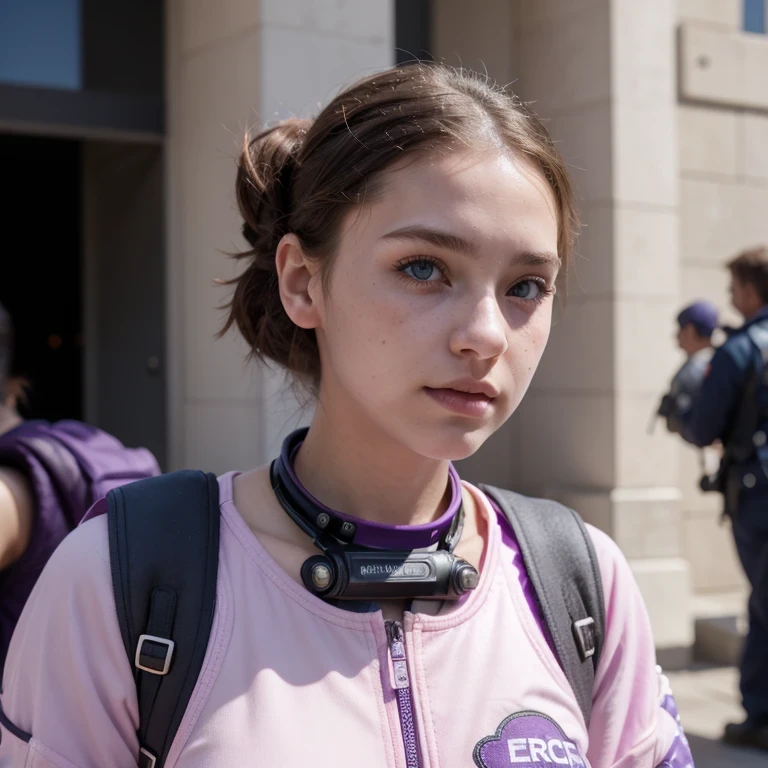 photo of a college student, in Purple Pink, futuristic space suit, (freckles:0.8) cute face, sci-fi, dystopian, detailed eyes, Heterochromia eyes((Side view))