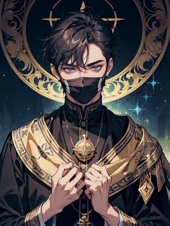 (absurdres, highres, ultra detailed), 1 male, adult, handsome, finely detailed eyes and detailed face, devil eyes looking at him, mysterious mask covering his face, night sky, the lovers \tarot\, Symbolism, Visual art, Occult, Universal, Vision casting, Philosophical, Iconography, Numerology, Popularity, Artistic, Alphone Mucha, short hair, smile, calm expression