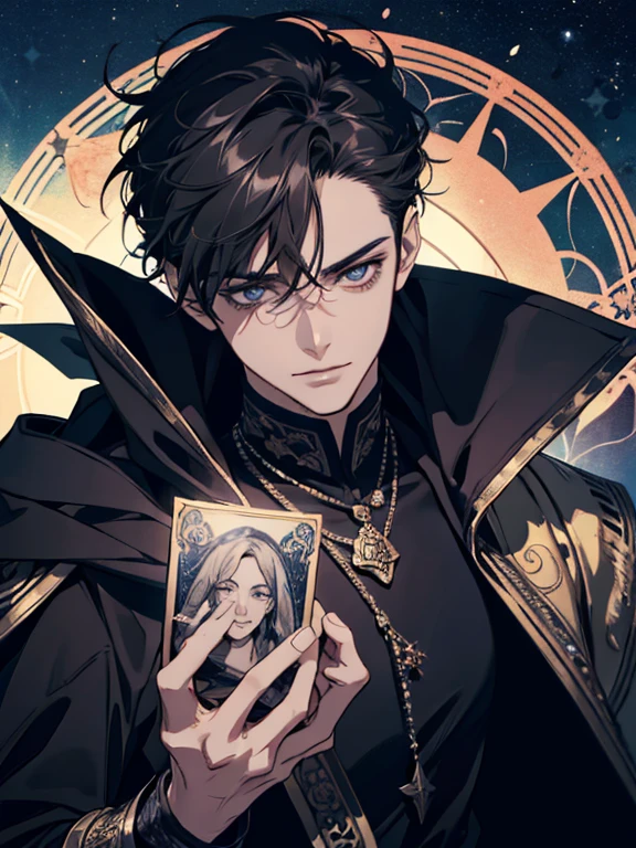 (absurdres, highres, ultra detailed), 1 male, adult, handsome, finely detailed eyes and detailed face, devil eyes looking at him, mysterious mask covering his face, night sky, the lovers \tarot\, Symbolism, Visual art, Occult, Universal, Vision casting, Philosophical, Iconography, Numerology, Popularity, Artistic, Alphone Mucha, short hair, smile, calm expression